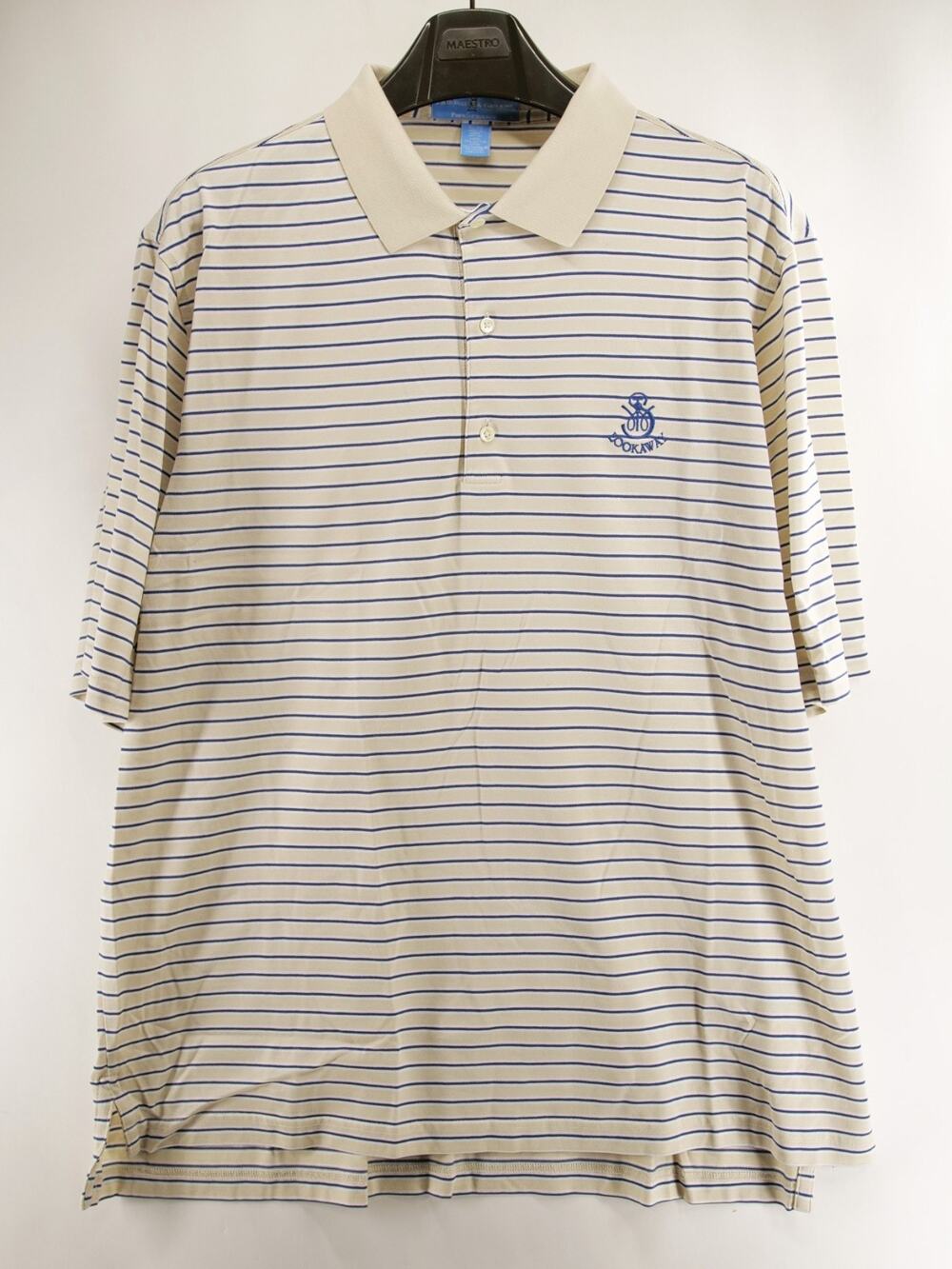 Fairway & Greene Men's XL Beige Blue Striped Short Sleeve Golf Polo Shirt Crest